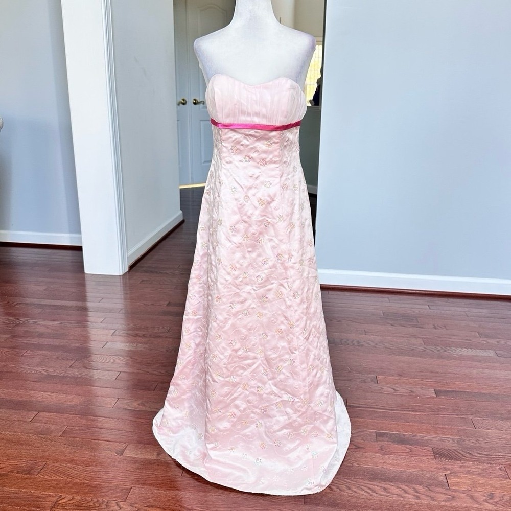 CW Design Baby Pink Satin Sequin Floral Strapless Coquette Gown Dress XS
